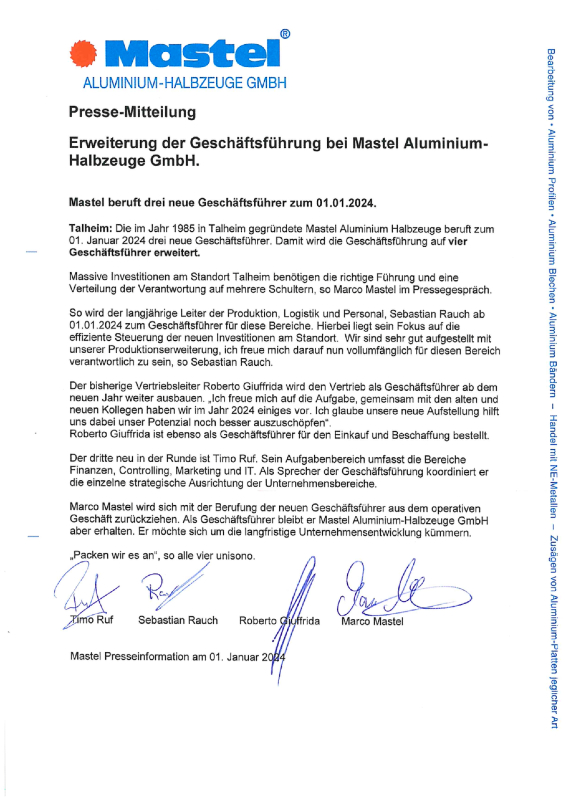 Pressemitteilung vom 01. Januar 2024 zur Berufung zusätzlicher Geschäftsführer für die Mastel Aluminium-Halbzeuge GmbH